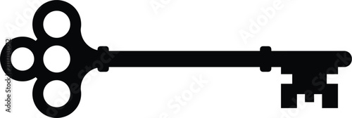Vintage horizontal skeleton key black silhouette isolated on white background for security or decorative design concepts