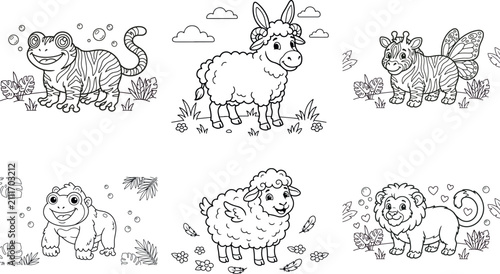 Adorable black and white coloring book illustrations of mythical sea animals and creatures