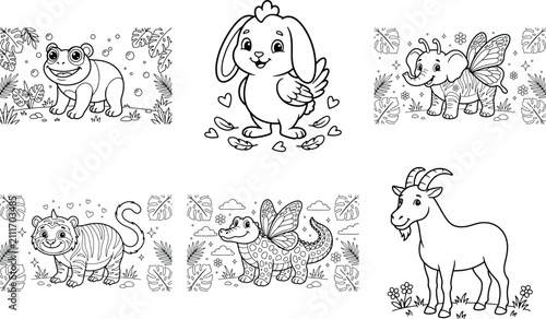 Adorable cartoon sea animals and cute characters coloring book illustration set