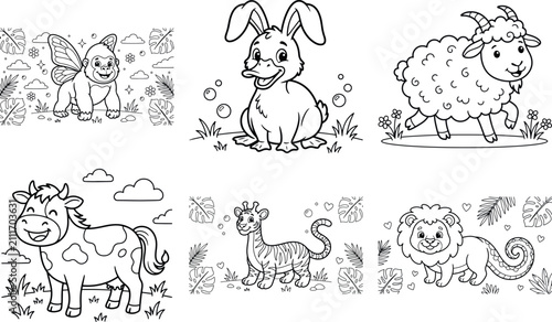 Cute holidaythemed line art coloring pages featuring sea animals and festive characters