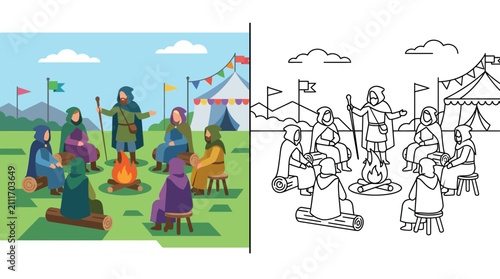 Canvastavla Medieval Gathering: People in Hooded Robes Around Campfire at Outdoor Festival