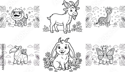 Adorable cartoon sea creatures and forest animals line art for coloring books