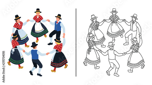Traditional Folk Dance Circle: Colorful and Outline Versions of People Dancing