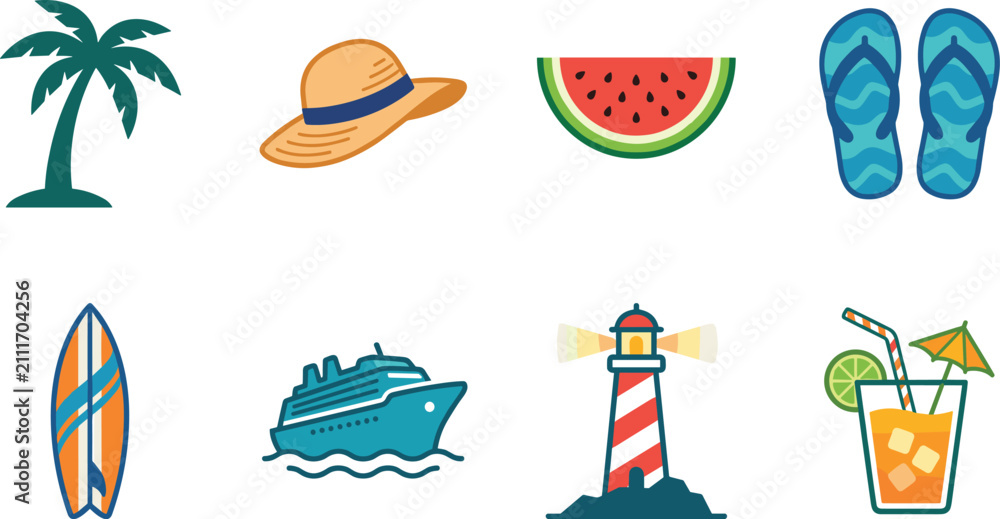 Obraz premium Summer vacation and beach holiday vector icon set with palm tree, cocktail, surfboard, and lighthouse