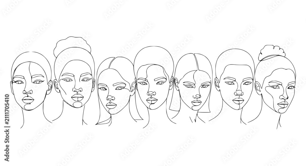 Fototapeta premium Diverse Women Faces Line Art - Continuous Line Drawing, Minimalism, Beauty