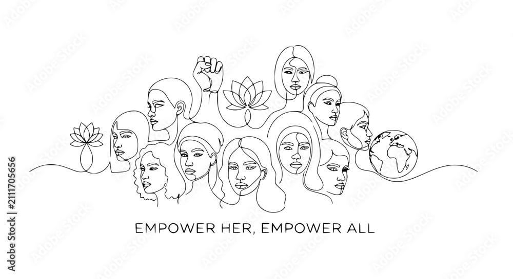 Fototapeta premium Diverse Women Line Art Collage: Empowerment, Unity, Feminism, Global Sisterhood