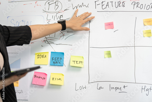 Foto Hand points at feature priority chart on whiteboard