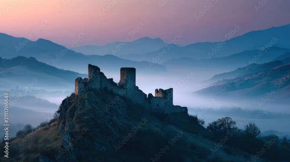Obraz premium Ruined castle atop misty mountain landscape