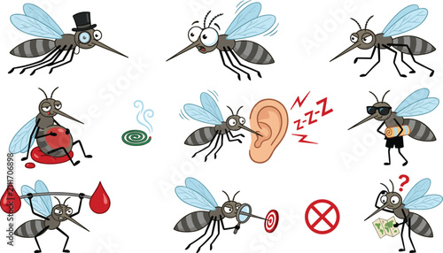 Fotografie Funny Cartoon Mosquito Vector Character Set Showing Pest Poses like Blood Suckin