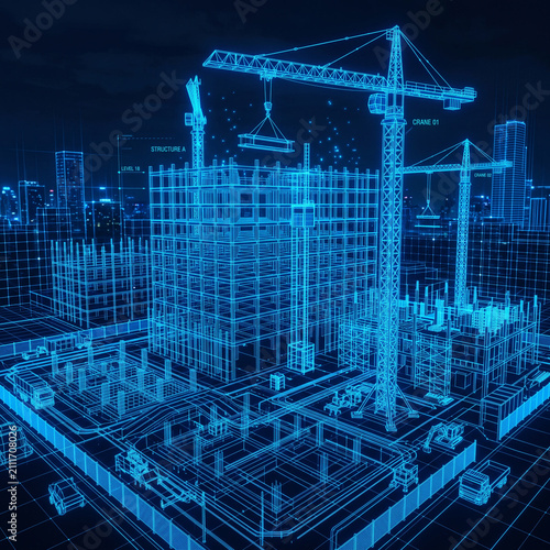 Futuristic City Construction Site Wireframe with Cranes and Buildings