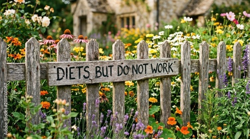 Handwritten wooden sign amidst colorful wildflowers with thought provoking message with conveying bold statement hand painted letters against lush garden backdrop