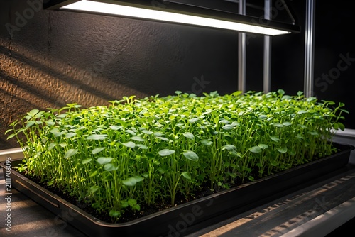 Sunflower Microgreens Growing in Professional Trays Under Blue LED Grow Lights File 