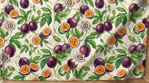 Seamless Pattern of Tropical Passion Fruit and Exotic Flowers on Fabric.
