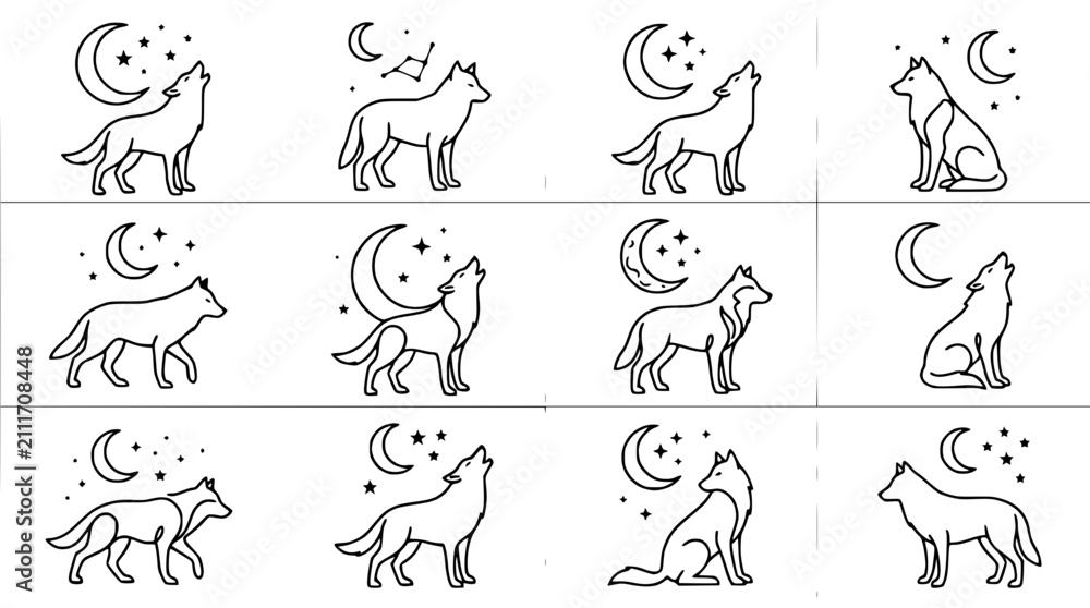 Obraz premium Collection of Stylized Wolf Howling at Moon Illustrations