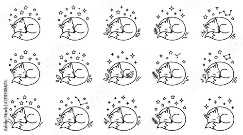Photos Cute Sleeping Fox Illustration Set: Doodle Art, Stars, Leaves, Nature Elements