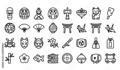 Fotografie Japanese Folk Toys and Traditional Dolls Line Icons Set with Kokeshi Daruma Kend