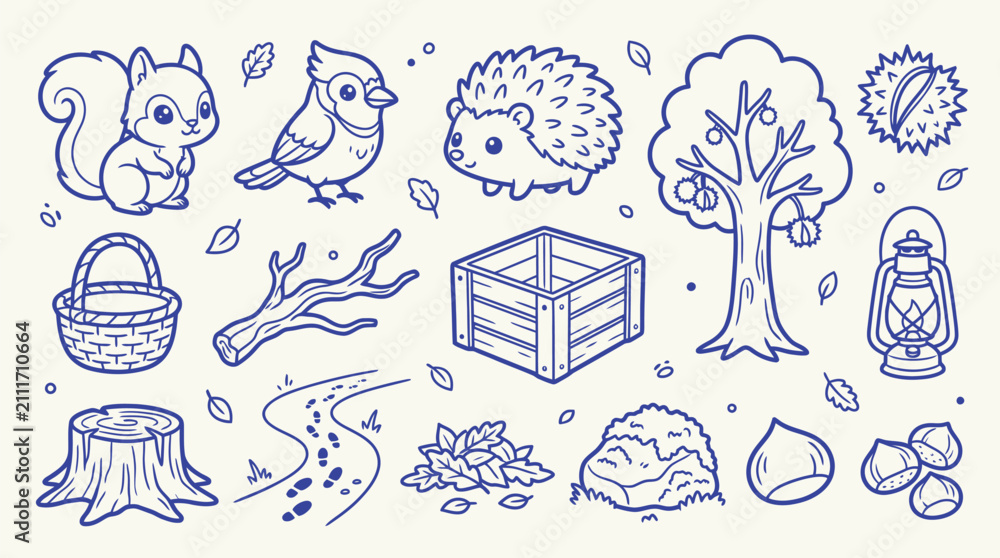 Obraz premium Cute Hand-Drawn Autumn Forest Elements Collection with Animals and Nature Objects.
