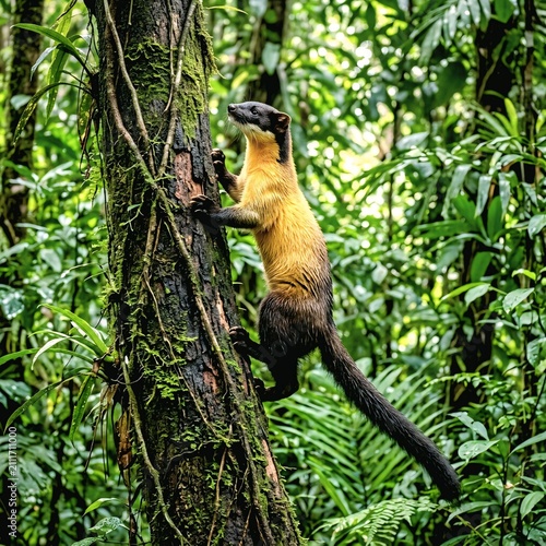 Yellow-throated Marten Climbing Forest Tree