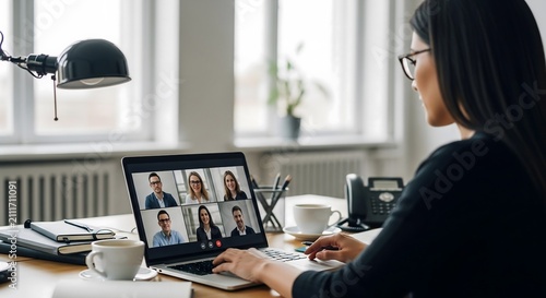 Woman on video conference call with colleagues working remotely from home office