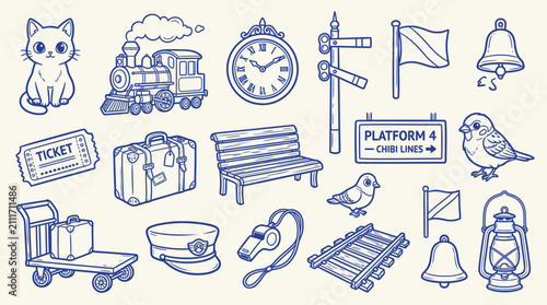 Photos Collection of charming hand-drawn illustrations related to train travel, including a cat, train, clock, luggage, and station elements