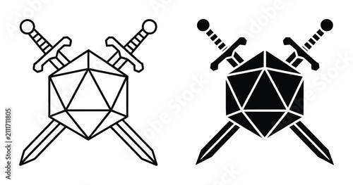 Obraz na płótnie テーブルトークRPG用のD20ダイスと交差した剣