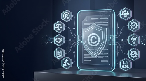 Corporate legal compliance and innovation protection interface displaying holographic copyright document and patent registration nodes on dark technology background