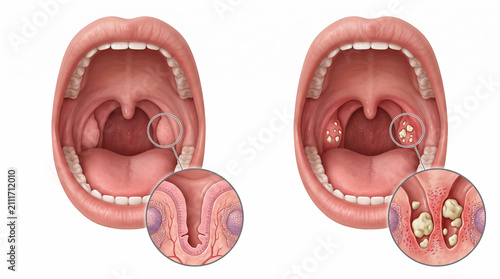 Medical illustration comparing healthy tonsils and tonsils with tonsoliths or tonsil stones in a human mouth
