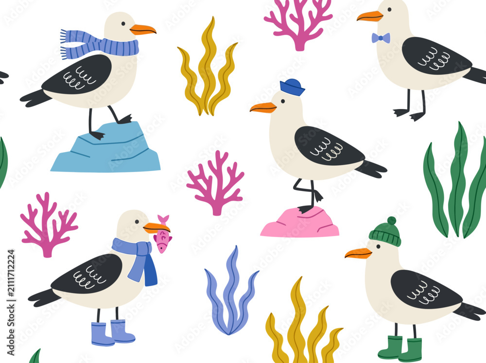 Obraz premium Seamless Pattern of Cute Cartoon Seagulls with Nautical Accessories, Coral, and Seaweed. Whimsical Marine Birds for Kids Nursery Decor and Textile Design.