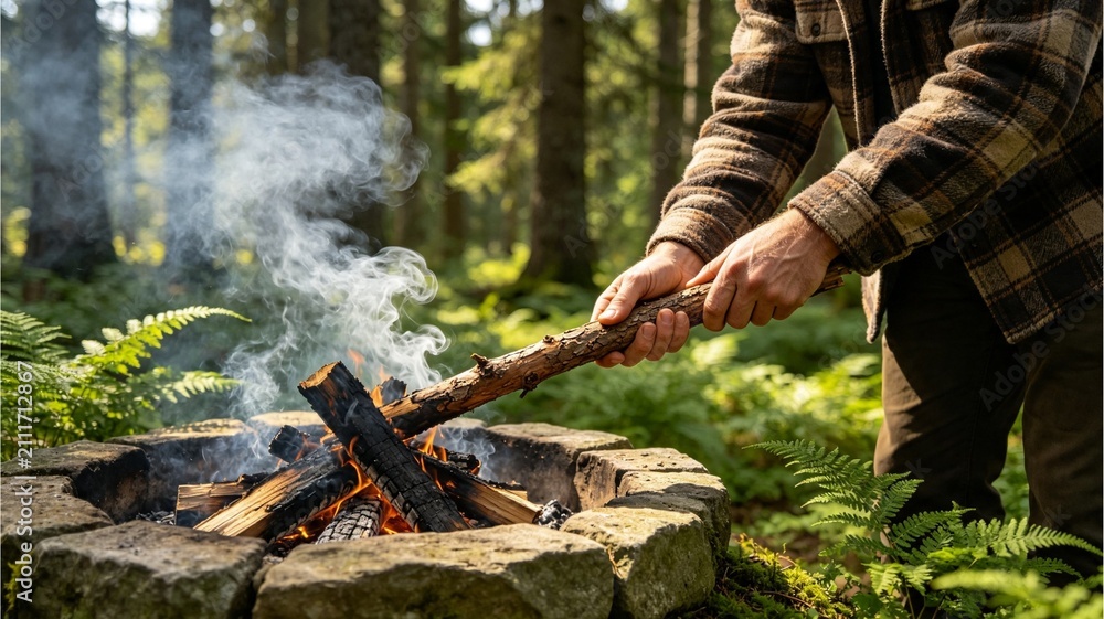 Fototapeta premium Traveler Adjusting Burning Wood Log in Outdoor Stone Fire Pit Inside Lush Woodland