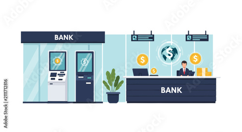 A professional banker assists customers with financial transactions inside a modern financial institution lobby featuring automated teller machines and a service desk to manage personal money