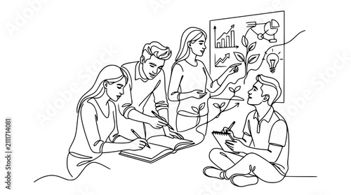 Team Collaboration Business Growth Strategy Meeting Line Art Illustration