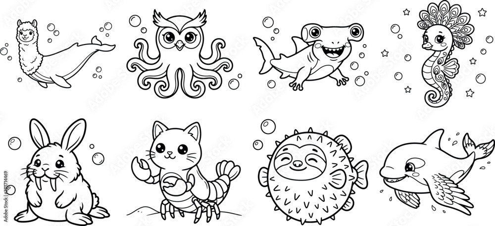 Fototapeta premium Cute black and white coloring book illustrations of animals with fantasy sea elements
