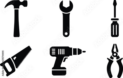 Hand tools silhouette icon set illustration, hammer wrench screwdriver saw drill pliers vector art, construction repair