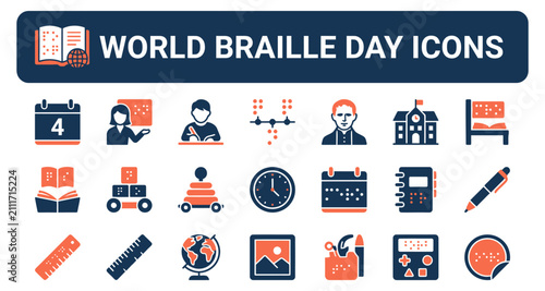 World braille day icons featuring braille symbols, books, and accessibility tools featuring education, book, reading