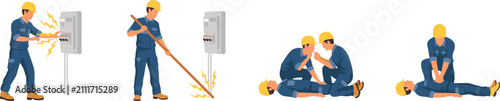 Electrical Shock Accident Safety Vector Set with Electrician Getting Shocked, Rescue Procedure with Insulated Stick, First Aid Rescue Breathing and CPR