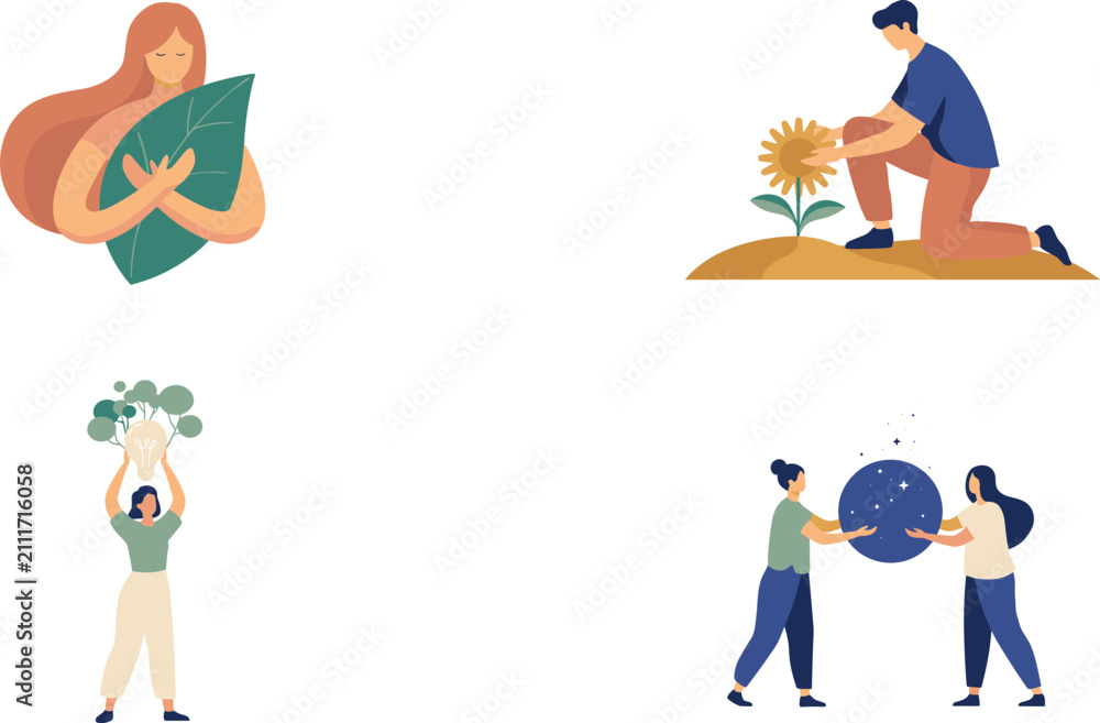 Fototapeta premium Minimalist Ecology and Environment Care Concept Set with People Hugging Leaf, Planting Sunflower, Holding Green Idea and Sphere Vector Illustration
