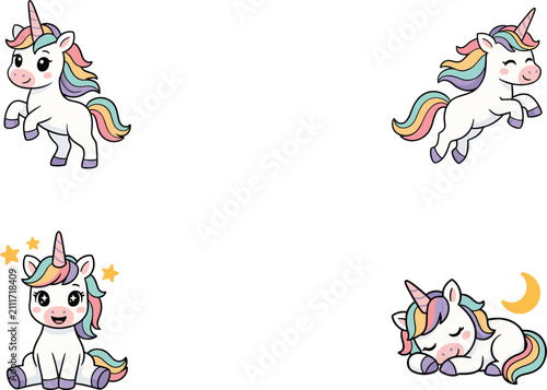 Принти на полотні Cute Unicorn Cartoon Character Vector Set with Magical White Horses Featuring Ra