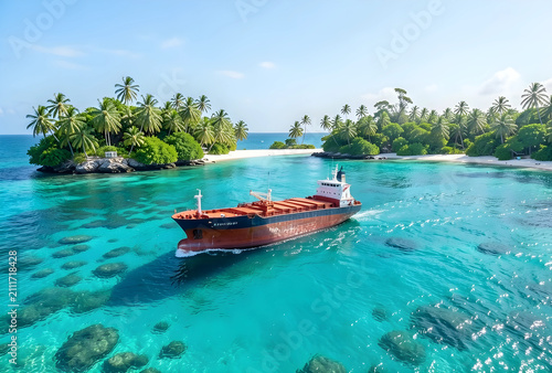 Cargo ship navigating throu...