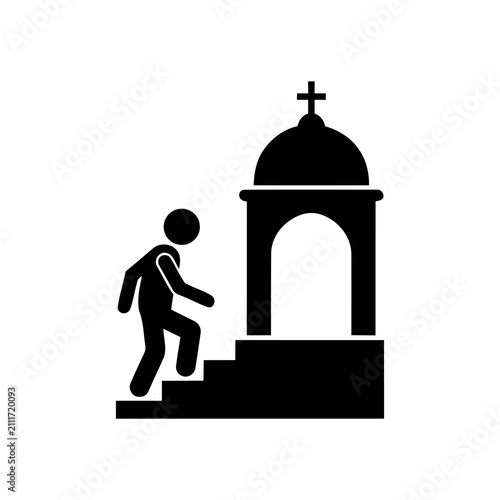Foto Person climbing stairs to church building silhouette icon representing spiritual journey pilgrimage or faith based approach to worship for religious institution or sanctuary design work