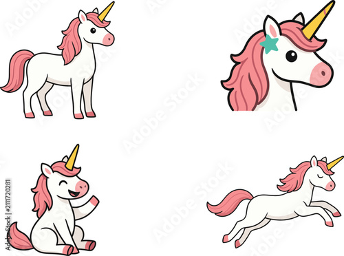 фотографія Cute Unicorn Cartoon Character Vector Set with Magical White Horses Featuring Pi