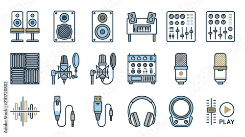 Quadro su tela Flat Design Audio Equipment and Music Studio Icons Set.