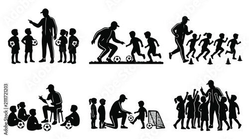 A set of six coach teaching children silhouette vector icon illustrations on a white background
