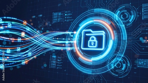 Digital folder with padlock icon representing cybersecurity data protection and secure file encryption technology