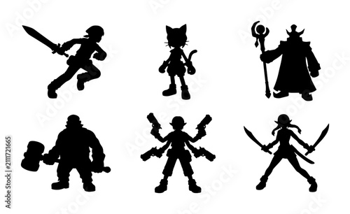 Foto Fantasy Character Silhouettes: Warrior, Mage, Rogue, Hero Set