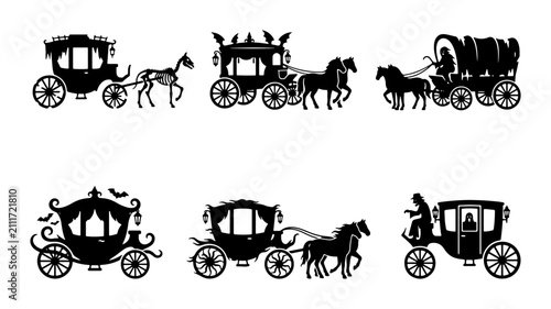 Horse-drawn carriages, vintage wagons, and gothic coaches, silhouette vector set for fantasy and historical themes
