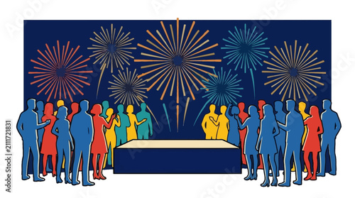 Silhouetted crowd watches a vibrant fireworks display over a stage at night