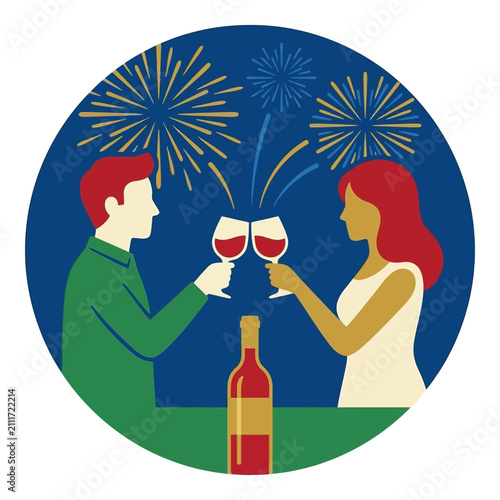 A festive vector illustration of a couple toasting with wine under fireworks