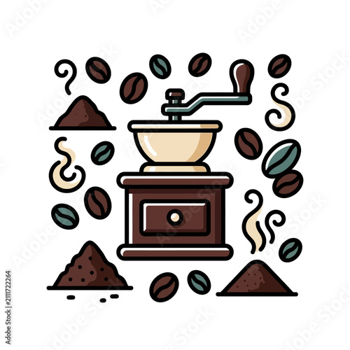 Vintage manual coffee grinder surrounded by beans and ground coffee