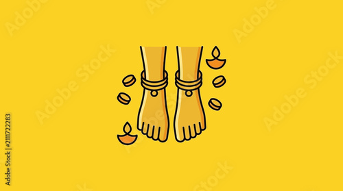 Illustrated feet adorned with anklets surrounded by diyas and coins on a yellow