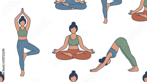 A seamless pattern of a woman performing various yoga poses